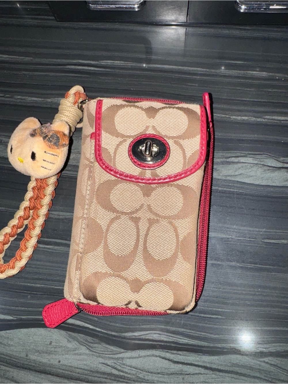 Coach Signature Canvas Phone Wristlet with Pink Trim